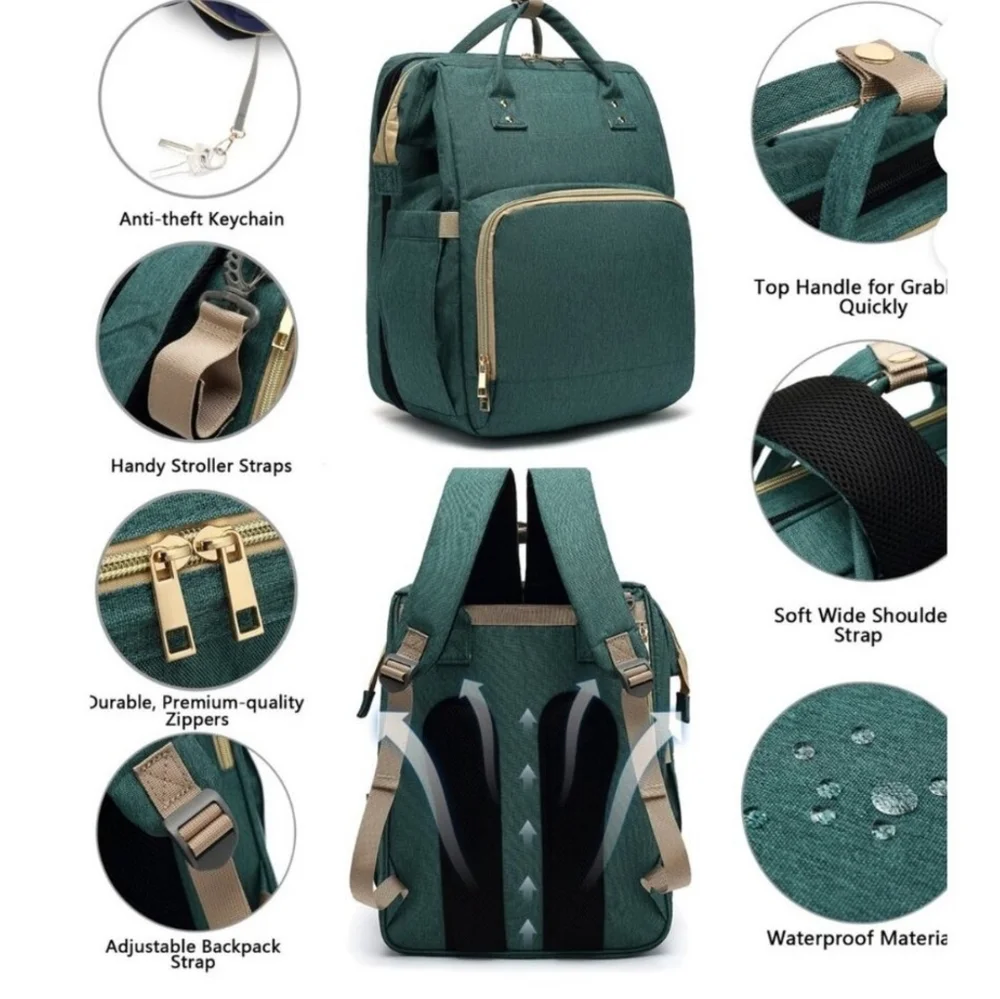 Debug Baby Diaper Bag Backpack Green Gold Large Capacity, Waterproof, Like New